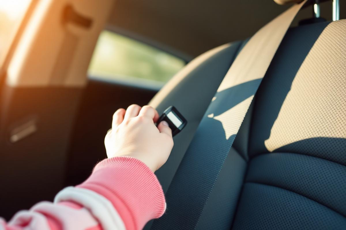 A child buckling a seat belt in a clean, safe vehicle
